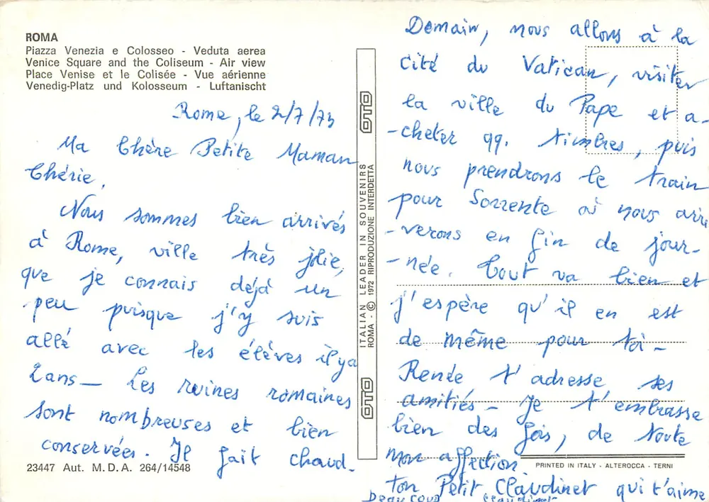 Rome — Vue aérienne du Vittoriano et du Colisée — éditeur Italian Leader, n° 23447 - Verso
