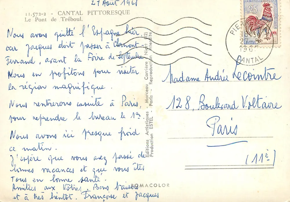 O Ponte de Tréboul — Cantal pittoresque — Edições Artísticas Marceau Carrière, n° 11.572-2 - Verso