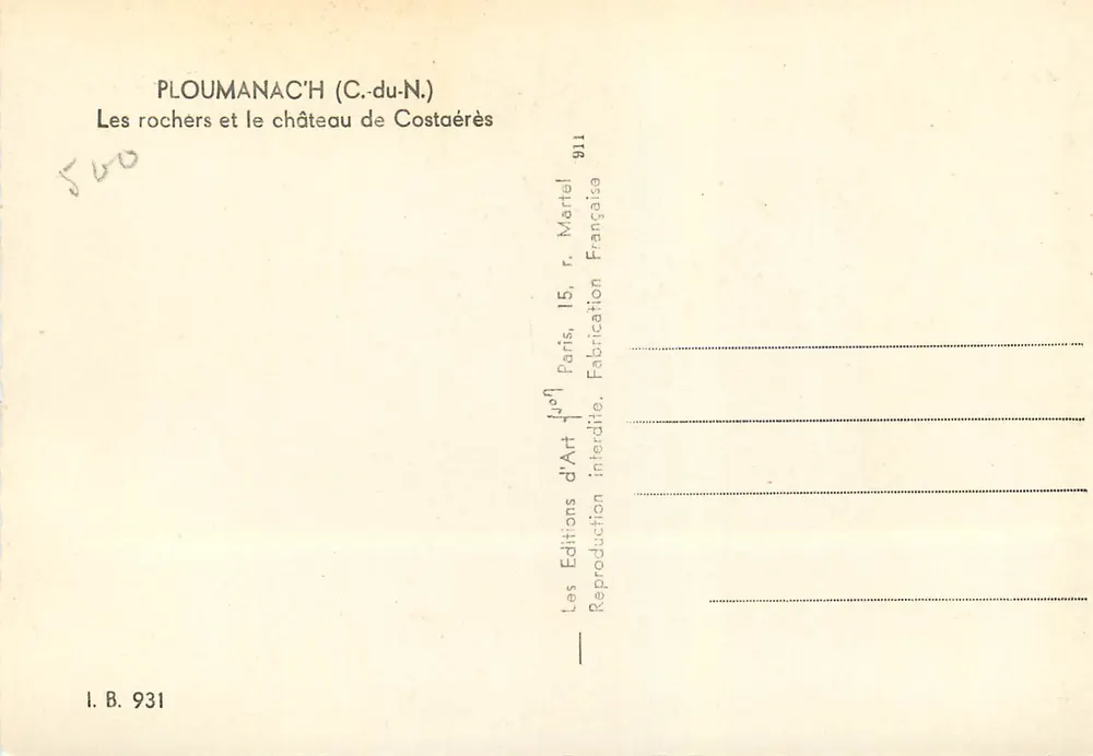 Ploumanac'h (C.-du-N.) — Les rochers et le château de Costaéres — Éditions d'Art, Paris - Verso