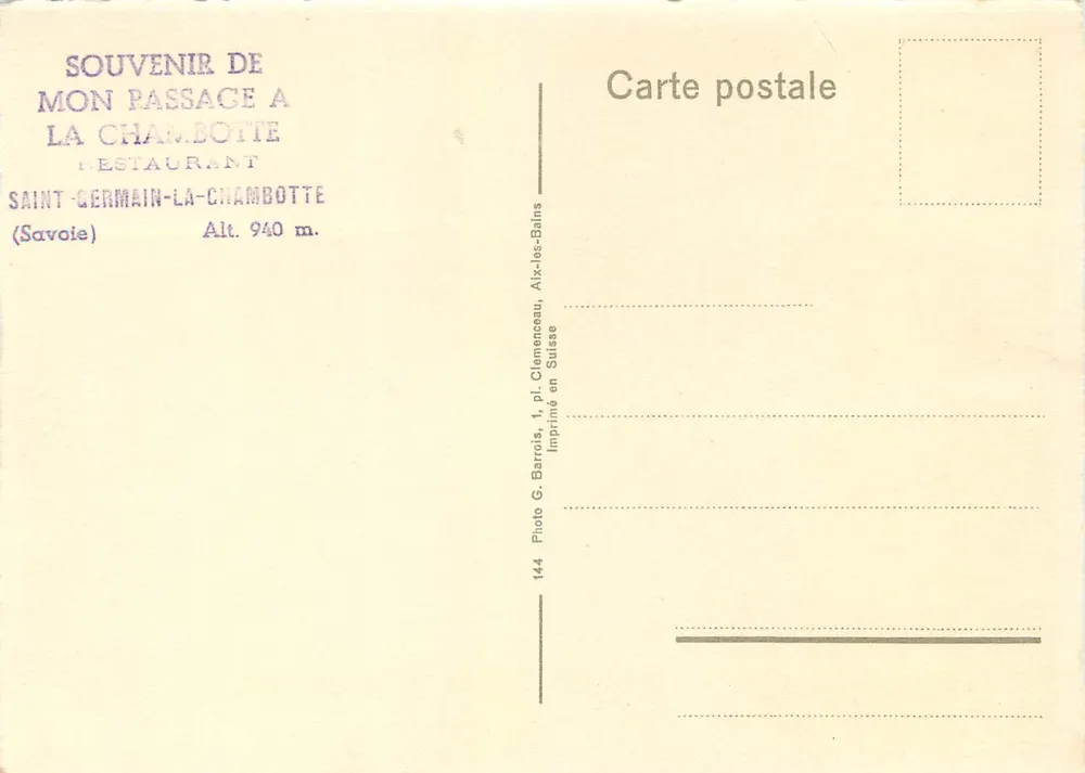 Restaurant de la Chambotte et le Lac du Bourget — vue panoramique — Photo G. Barrois, Imprimé en Suisse - Verso