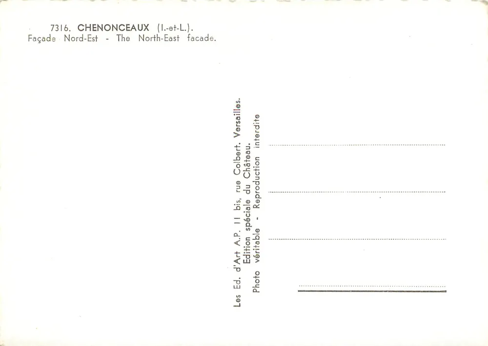 Chenonceau — Fachada Nordeste — Edição Especial de Arte, rua Colbert, Versailles - Verso