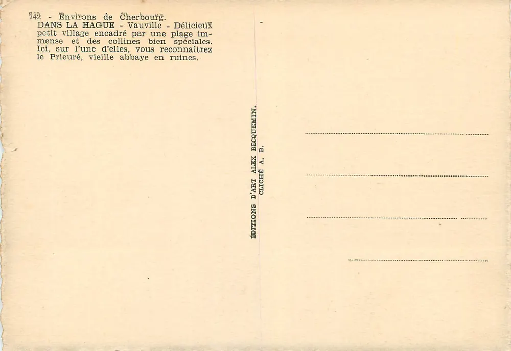 Vauville — Environ de Cherbourg — vue sur la plage et les collines — cliché A. B. — Éditions d'Art Becquermin - Verso