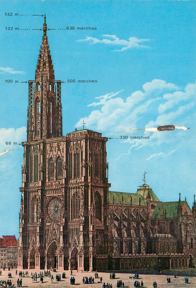 Cathédrale de Strasbourg — vue de la façade et de la flèche avec indications de hauteur et de marches — éditeur MARASCO S.A. Strasbourg, n° 23/67 - Frente