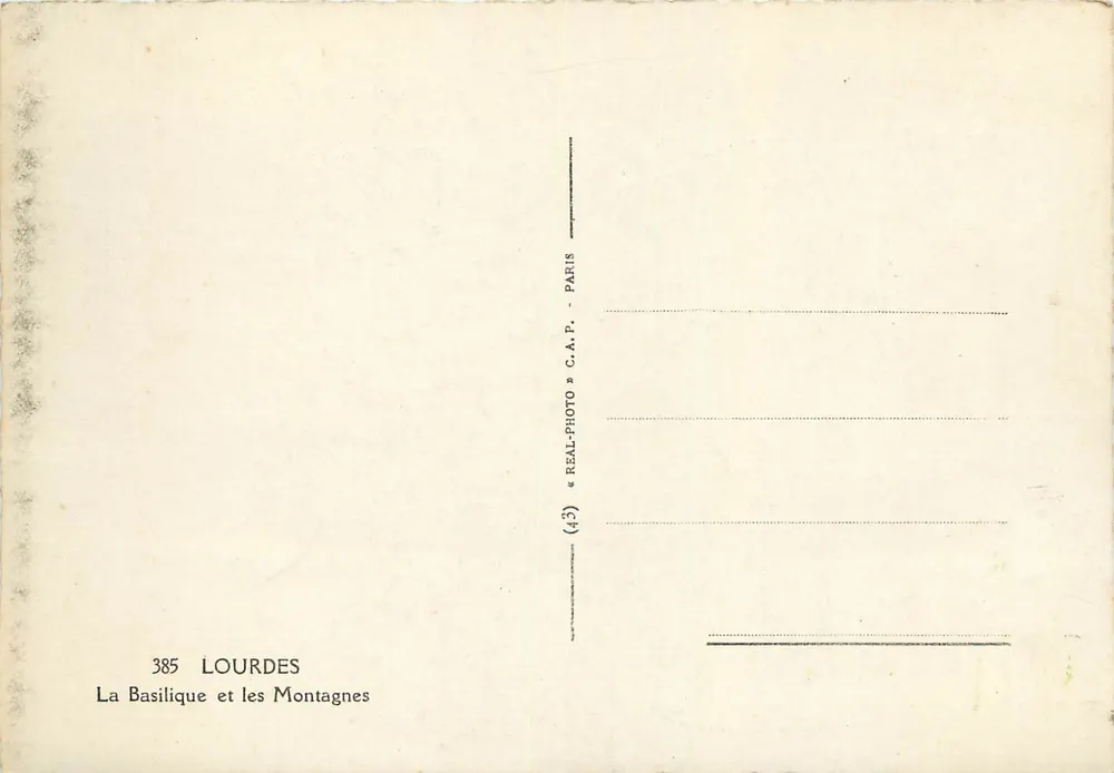 Lourdes — A Basílica e as Montanhas — C.A.P. « REAL-PHOTO » PARIS - Verso