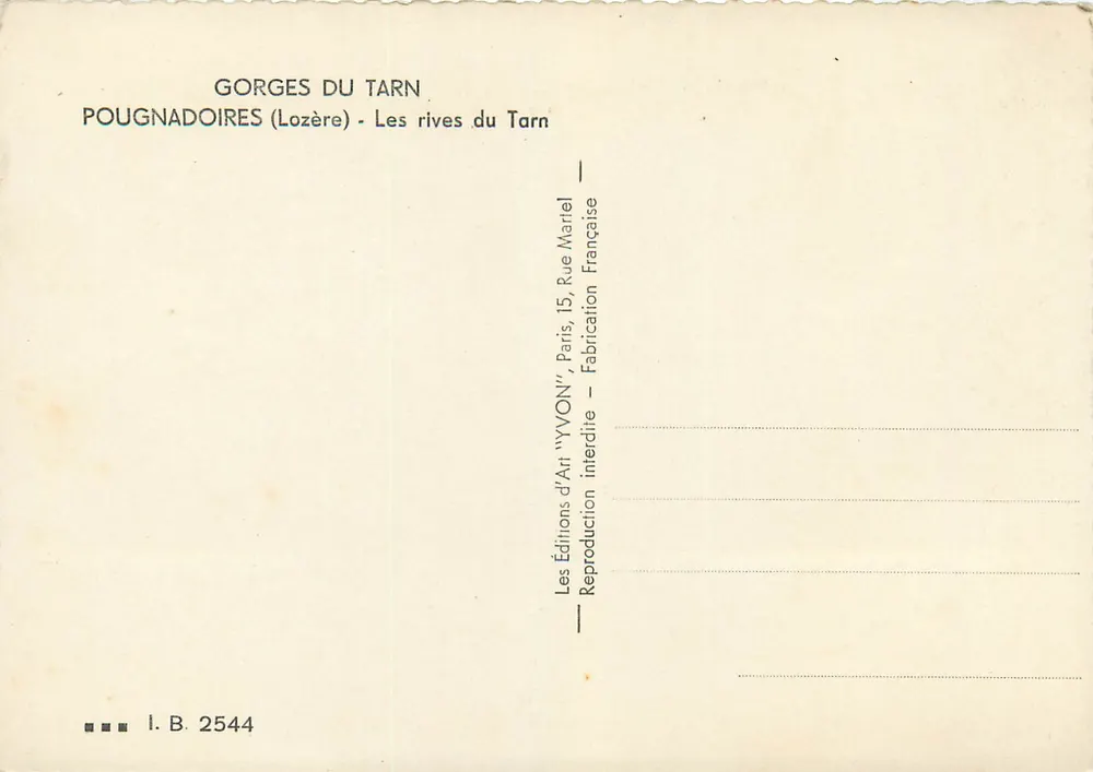 Gorges du Tarn — Les rives du Tarn — Éditions d'Art 'YVON' - Verso