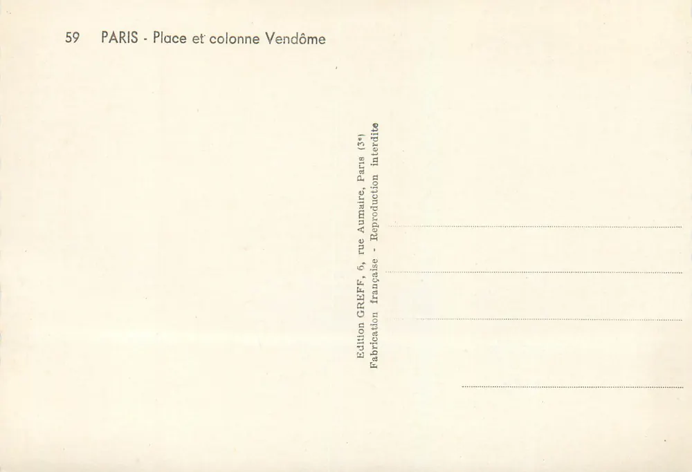 Paris - Praça Vendôme e coluna Vendôme — Edição Greff - Verso