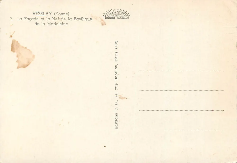 Vézelay (Yonne) — Fassade und Nave der Basilika Sainte-Madeleine — Editions C.D., Paris - Rückseite