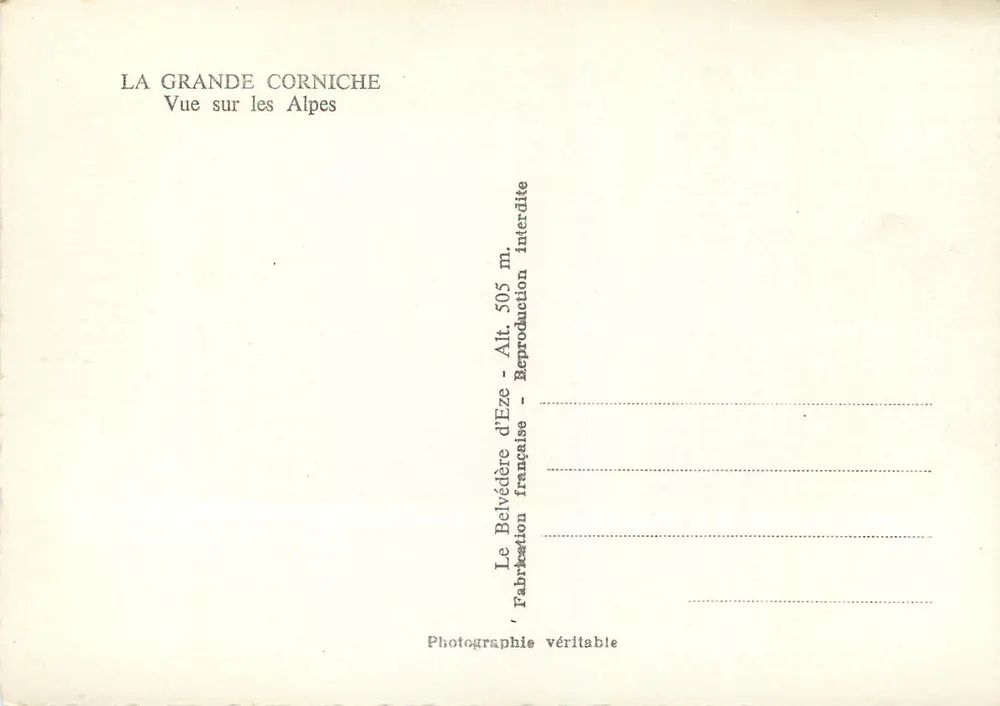 Vista das Alpes — A Grande Corniche — Editor de Eze - Verso