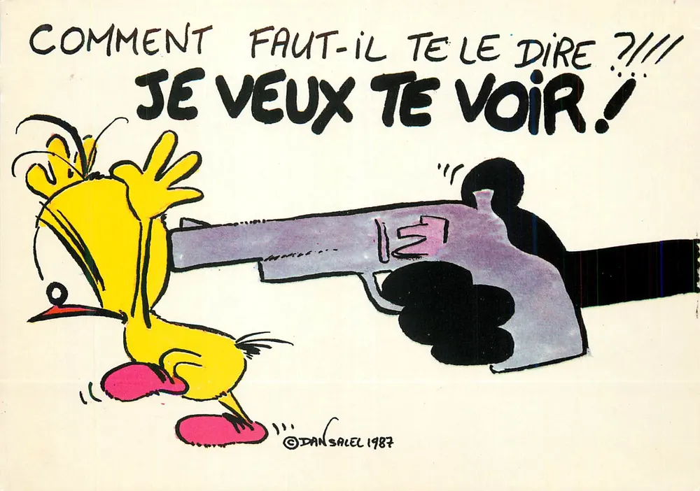 Sujeito humorístico com um personagem amarelo — Dan Salel 1987 — edição PIAF - Frente