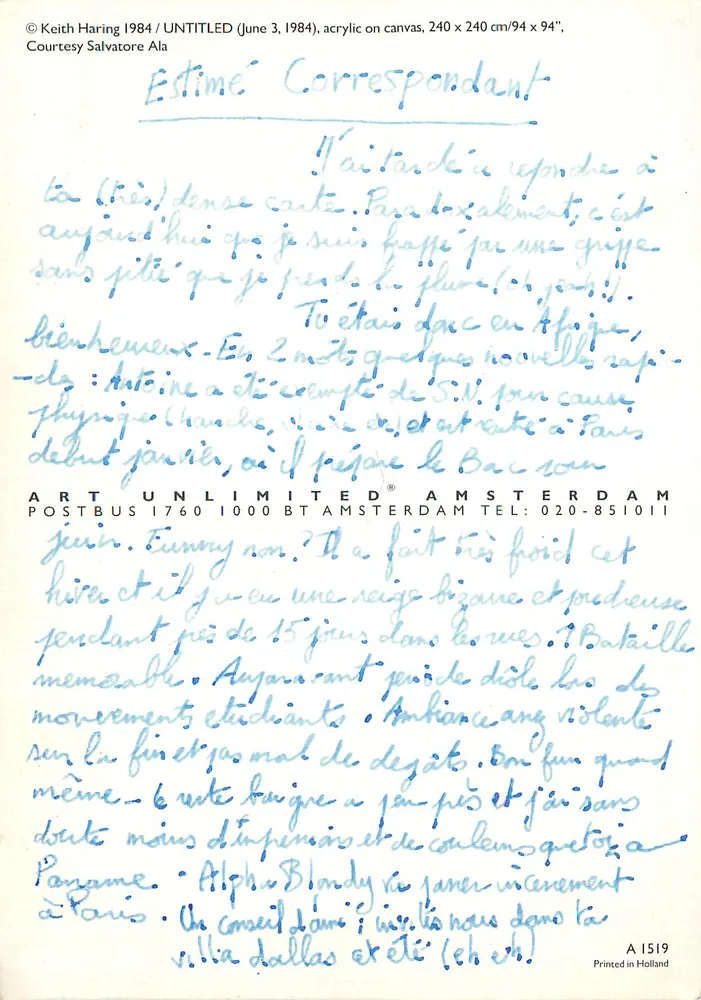 Main jaune saisissant une silhouette bleue — Keith Haring — édition Art Unlimited Amsterdam - Verso