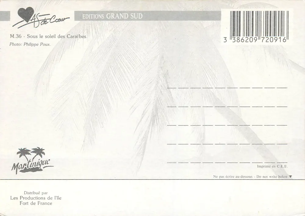Martinica — praia tropical com vendedor de bananas — Éditions Grand Sud, n° M.36 - Verso