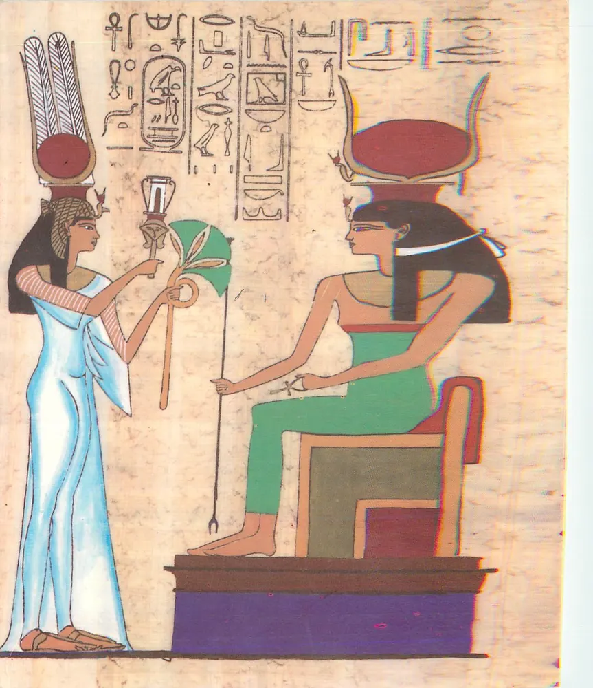 Koningin Nefertari die iets aanbiedt aan de godin Hathor — Muurverf van het tempel van Nefertari in Abu Simbel (1292-1225 v.C.) — Kurt & Edouard Lambelet, Kairo - Voorkant
