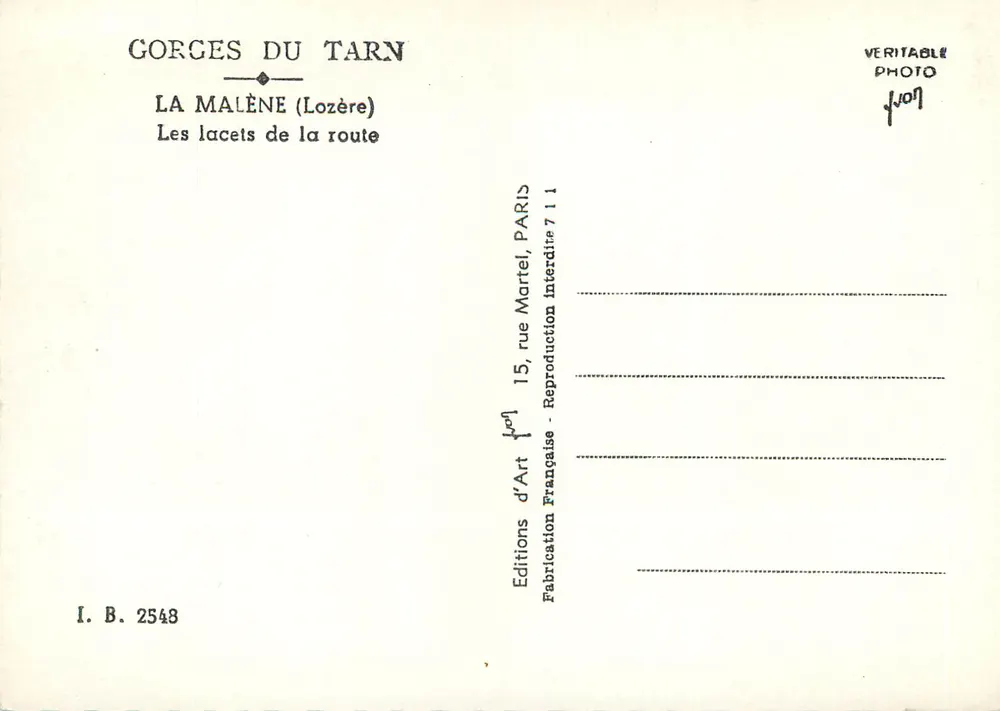 Les lacets de la route — Gorges du Tarn — Éditions d'Art, Paris - Verso