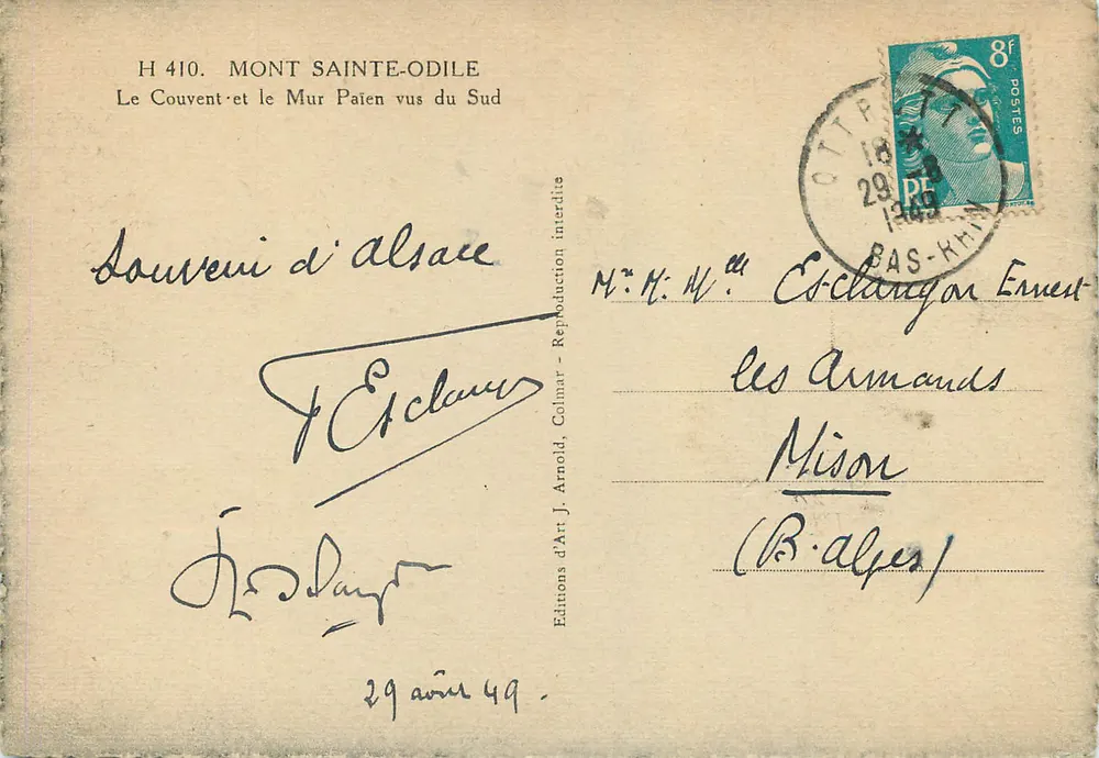 Mont Sainte-Odile — Das Kloster und die Patenmauer von Süden gesehen — Éditions d'Art J. Arnold - Rückseite