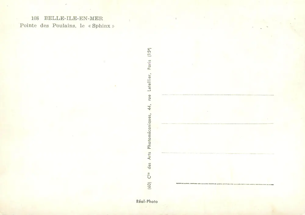 Belle-Île-en-Mer — Pointe des Poulains, le « Sphinx » — Cie des Arts Photomécaniques, 44, rue Letellier, Paris - Verso