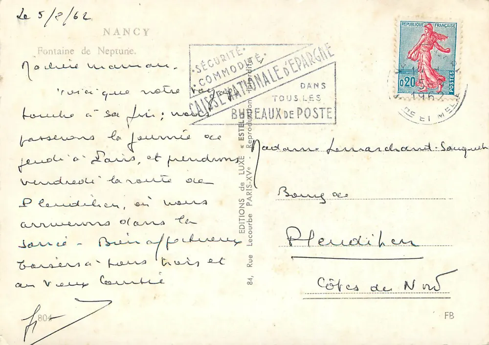 Fonte de Netuno — Nancy — Editor Estel, n°804 - Verso