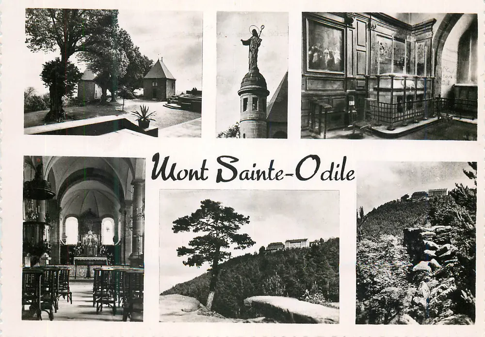 Mont Sainte-Odile — widok panoramiczny i wnętrze kościoła — Wydawnictwo J. Arnold, nr 825 - Awers