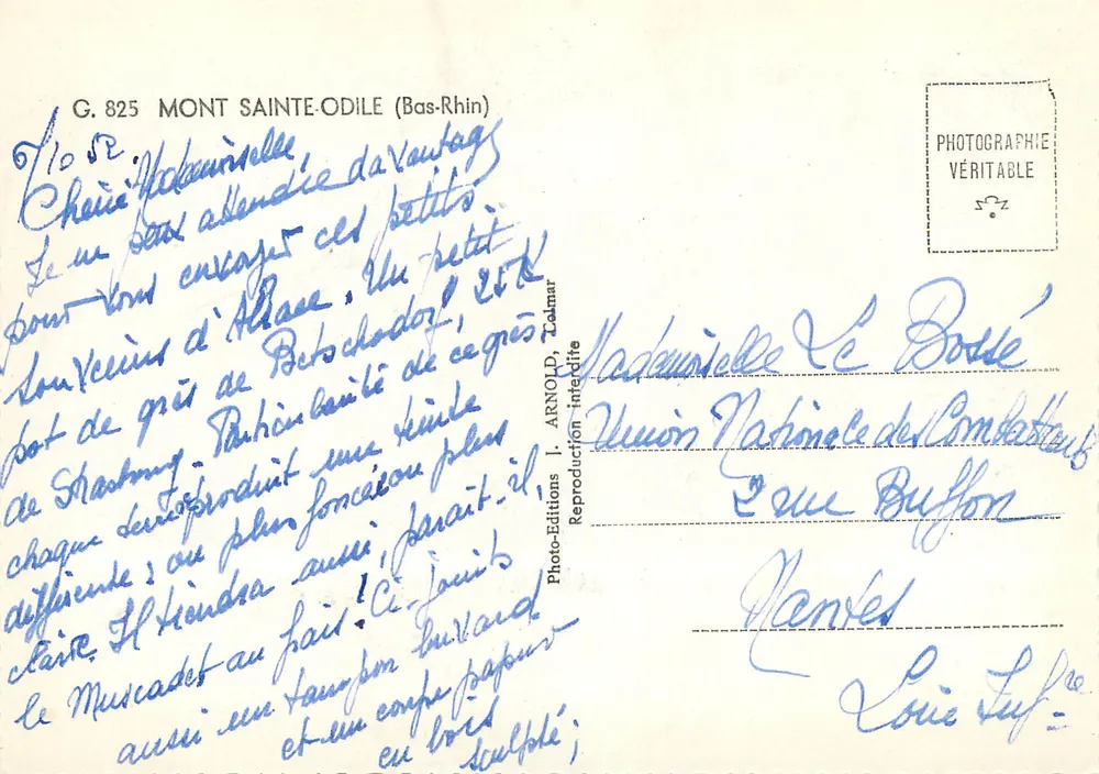 Mont Sainte-Odile — widok panoramiczny i wnętrze kościoła — Wydawnictwo J. Arnold, nr 825 - Rewers