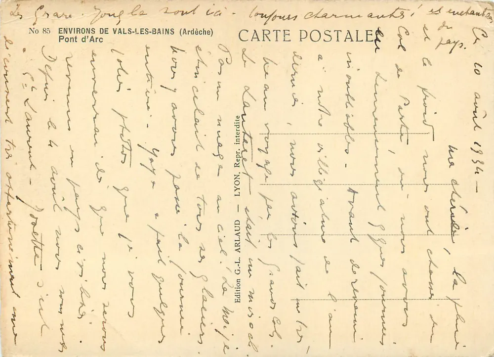 Ponte d'Arc — Arredores de Vals-les-Bains (Ardèche) — Edição G.-L. Arlaud, Número 85 - Verso