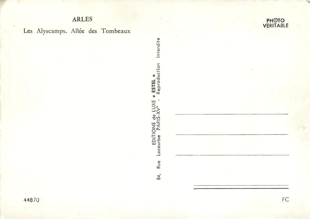 Arles — Os Alyscamps. Avenida dos Túmulos — Edições de Luxo Estel, n° 44870 - Verso