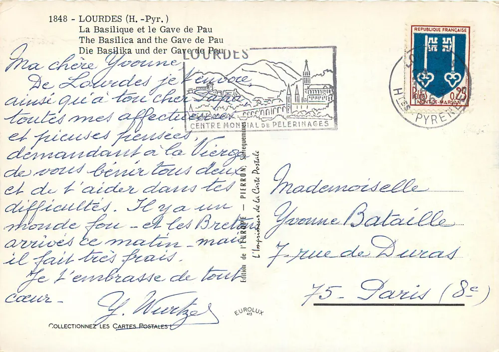 Lourdes (H.-Pyr.) — Ansicht der Basilika und des Gave de Pau — Ausgabe der Druckerei PIERRON - Rückseite