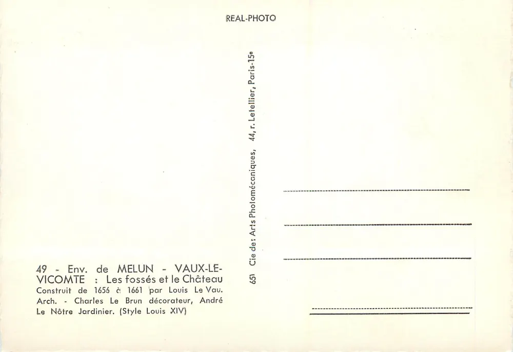 Umgebung von Melun - Vaux-le-Vicomte — Schloss und Graben — Cie des Arts Photomécaniques, Paris - Rückseite