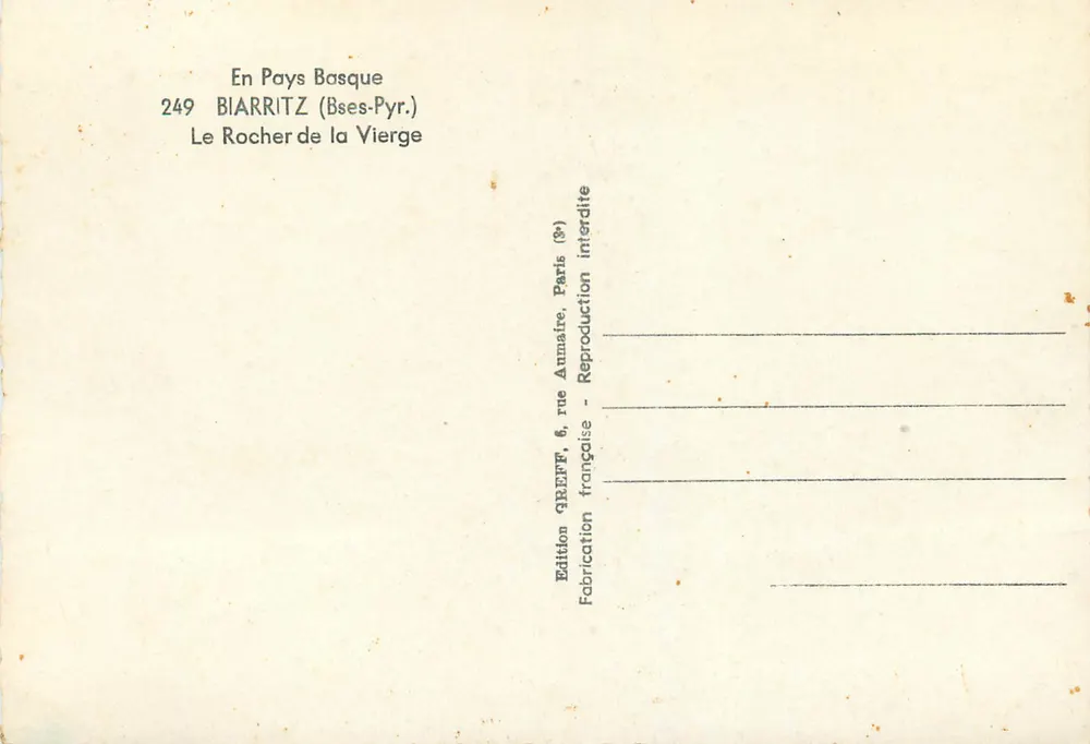 Le Rocher de la Vierge — Biarritz (Pays Basque) — Édition Greff - Verso