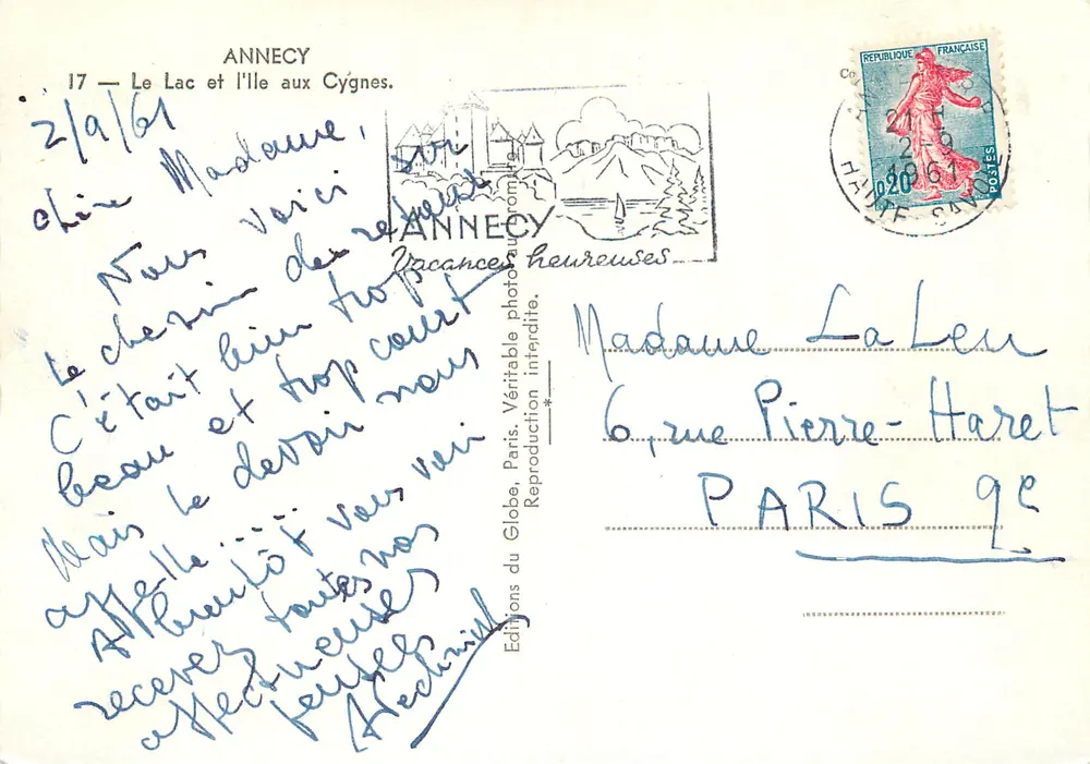 Annecy — Le Lac et l'Île aux Cygnes — Éditions du Globe, Paris, n°17 - Verso