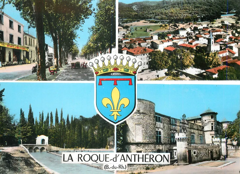 La Roque-d'Anthéron — vista panorâmica, rua, castelo e brasão — editor R. Logis - Frente