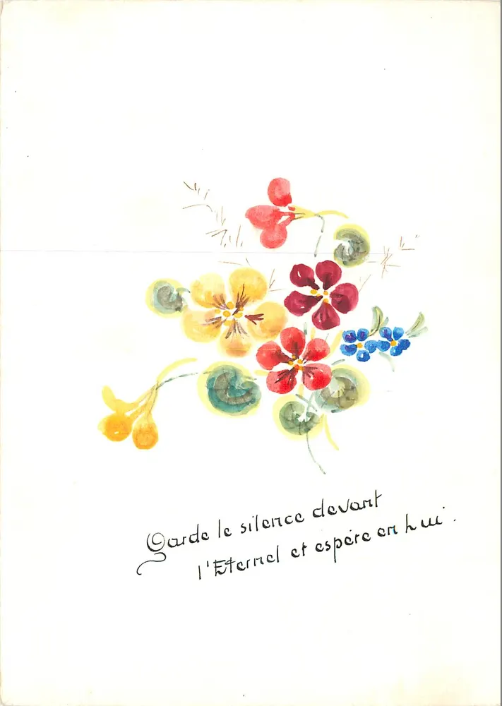Kleurige bloemen — 'Garde le silence devant l'Éternel et espère en lui' — handgeschreven tekst - Voorkant
