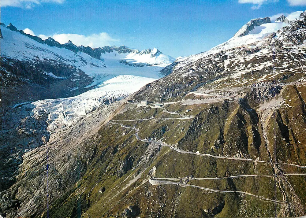 Passo Furka e glaciar do Ródano — Col de la Furka e Glacier du Rhône — editor Otto Stüssi, Thalwil-Zürich, n° 4815 C - Frente