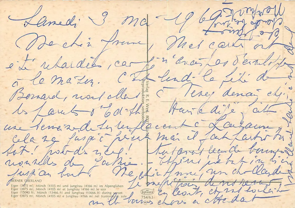 De toppen van de Eiger, de Mönch en de Jungfrau — Berner Oberland — uitgever Krüger, nr. 754/63 - Achterkant