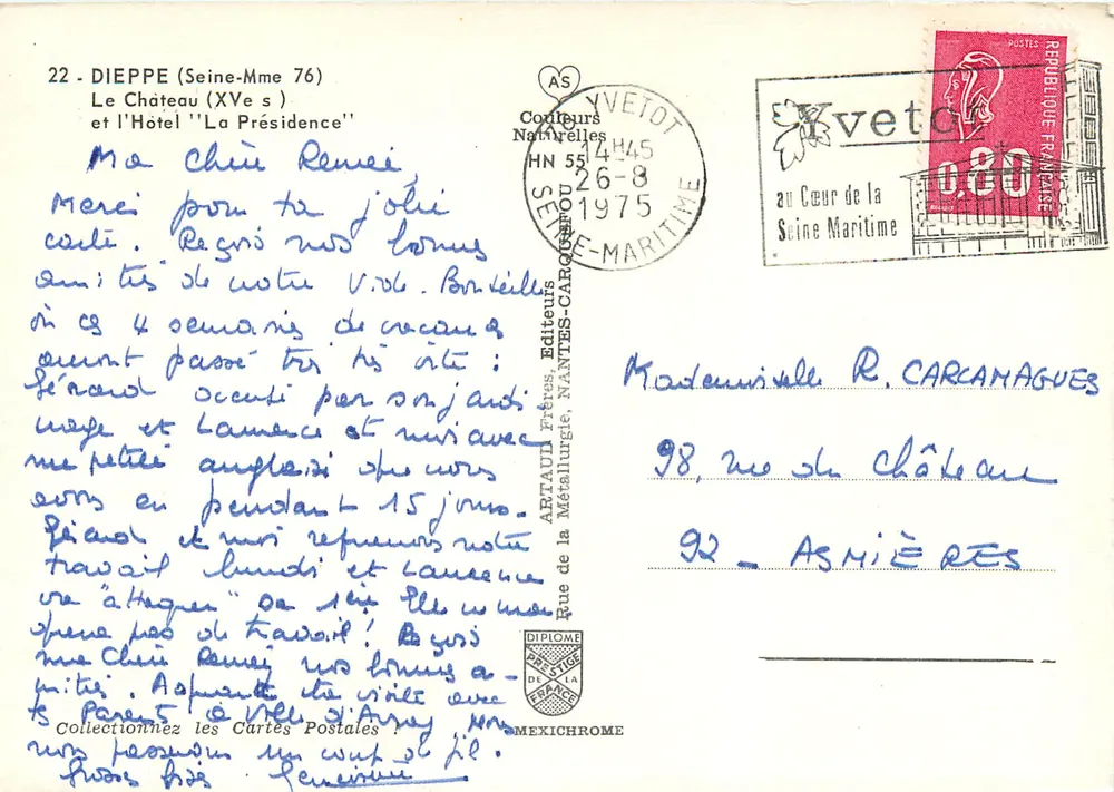 Dieppe (Seine-Maritime) — Das Schloss (15. Jahrhundert) und das Hotel 'La Présidence' — Verlage Nantes-Caragués - Rückseite