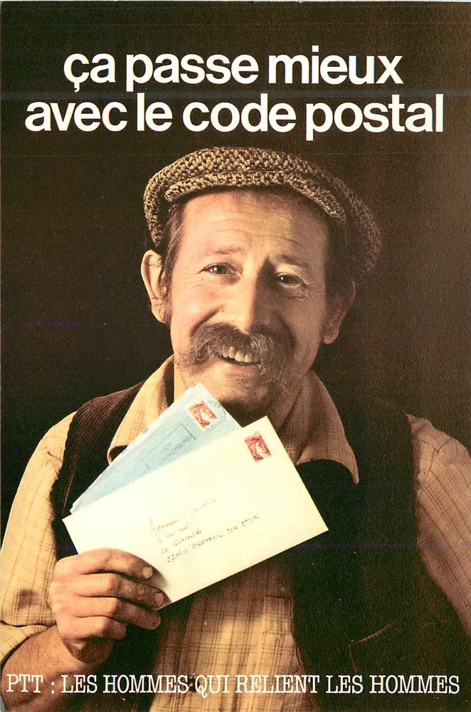 Homme porteur de lettres — publicité PTT pour le code postal — éditée par Firmin-Didot S.A. - Recto