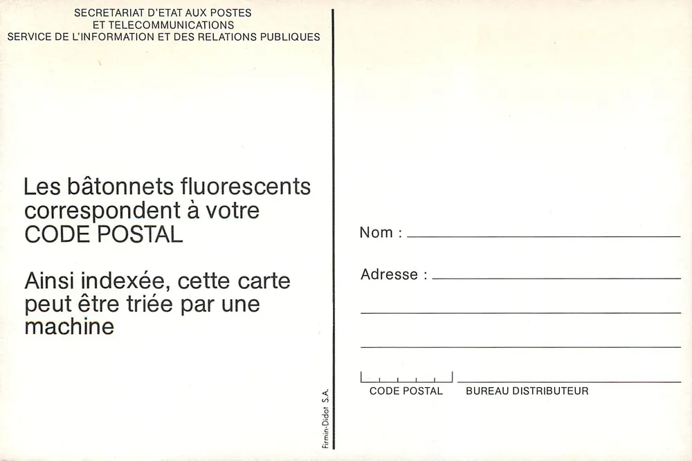 Homme porteur de lettres — publicité PTT pour le code postal — éditée par Firmin-Didot S.A. - Verso