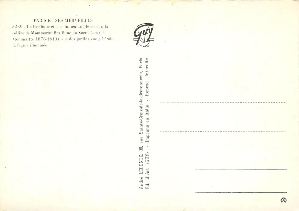 Basilique du Sacré-Cœur — Montmartre — Éditeur GUY, n° 5239 - Verso