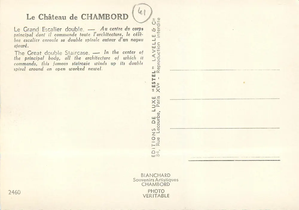 O Castelo de Chambord — O Grande Escalier Duplo — Editor Estel, n° 2460 - Verso
