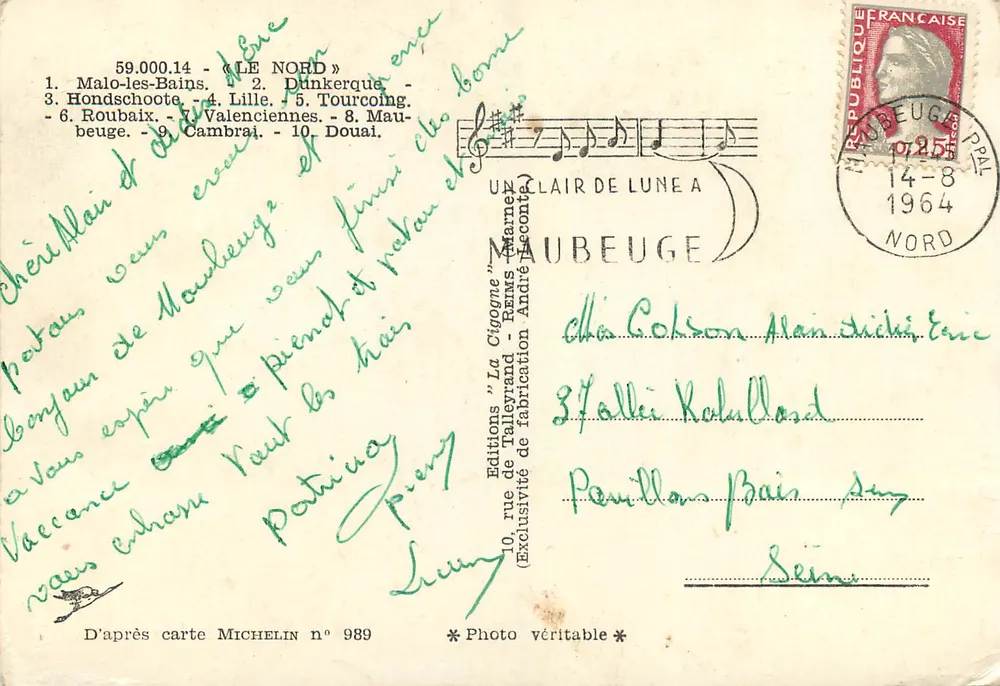 Carte postale touristique du Nord - Lieu/Sujet principal — éditeur : Editions 'La Cigogne' — n° de série 59.000.14 - Verso