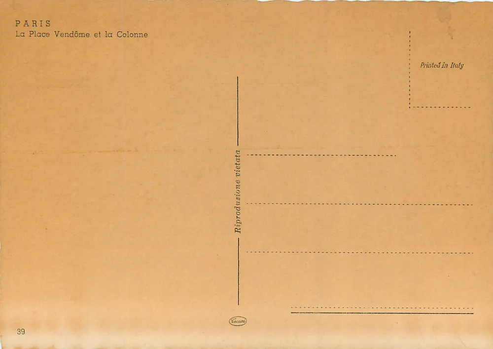 Paris - Place Vendôme e a Coluna — editor Carami, n° 39 - Verso