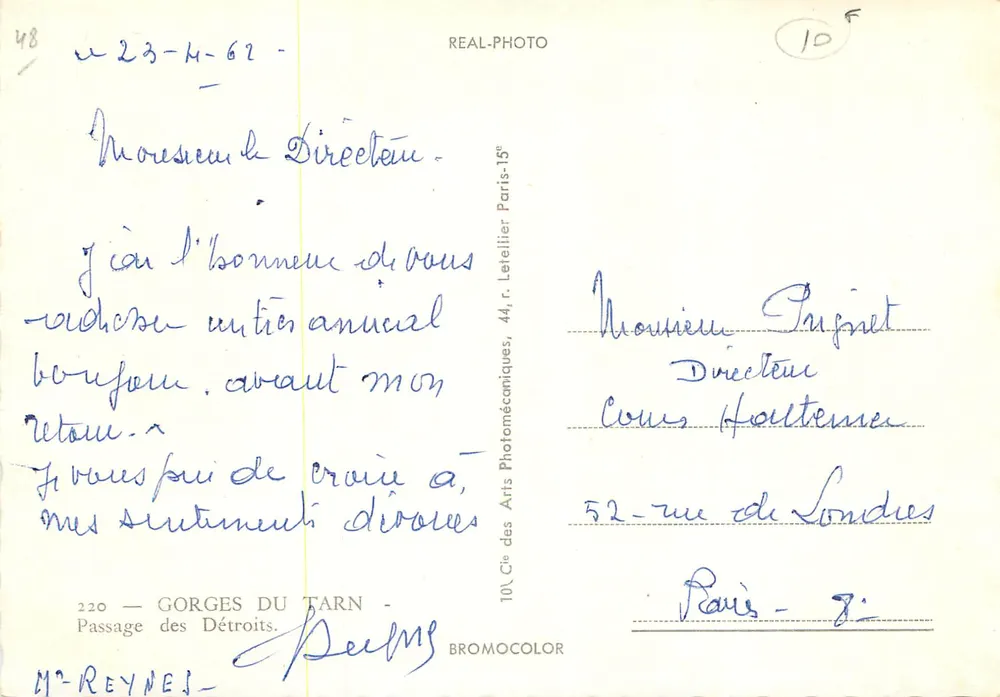 Gorges do Tarn — Passagem dos Détroits — REAL-PHOTO, 10e Cie des Arts Photomécaniques, Paris - Verso