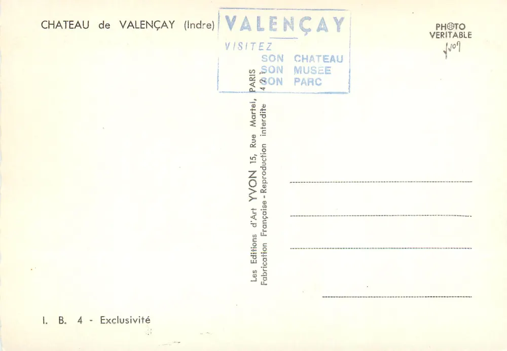 Castelo de Valençay — Indre — Edições de Arte Yvon - Verso