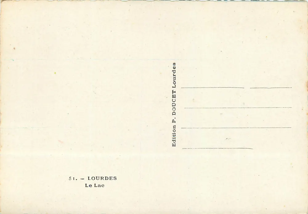 Lago de Lourdes — vista panorâmica — Edição P. DOUCET Lourdes, n° 51 - Verso