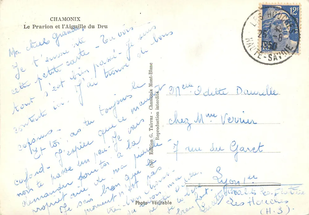 O Prarion e a Agulha do Dru — Chamonix — Edição G. Tairraz - Verso