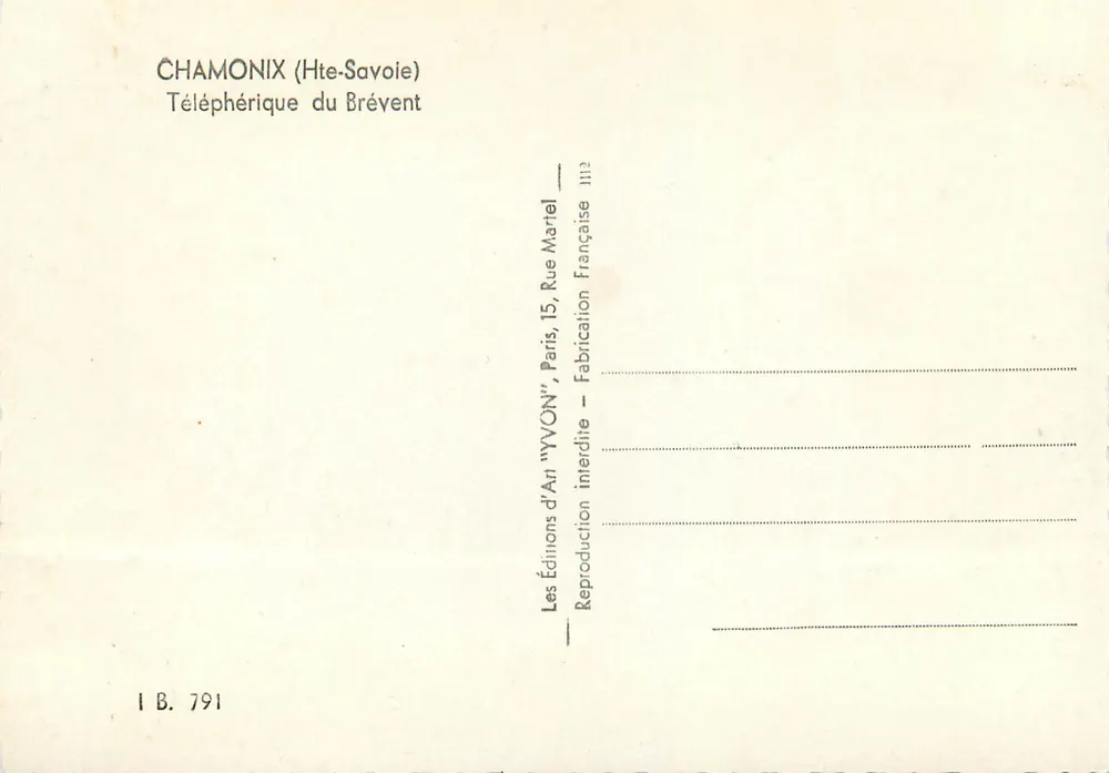 Chamonix (Alta Saboia) — Teleférico do Brévent — Éditions d'Art 'YVON', Paris - Verso