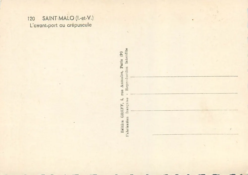 Saint-Malo (Il-et-V.) — L'avant-port au crépuscule — Édition GREFF, Paris - Verso
