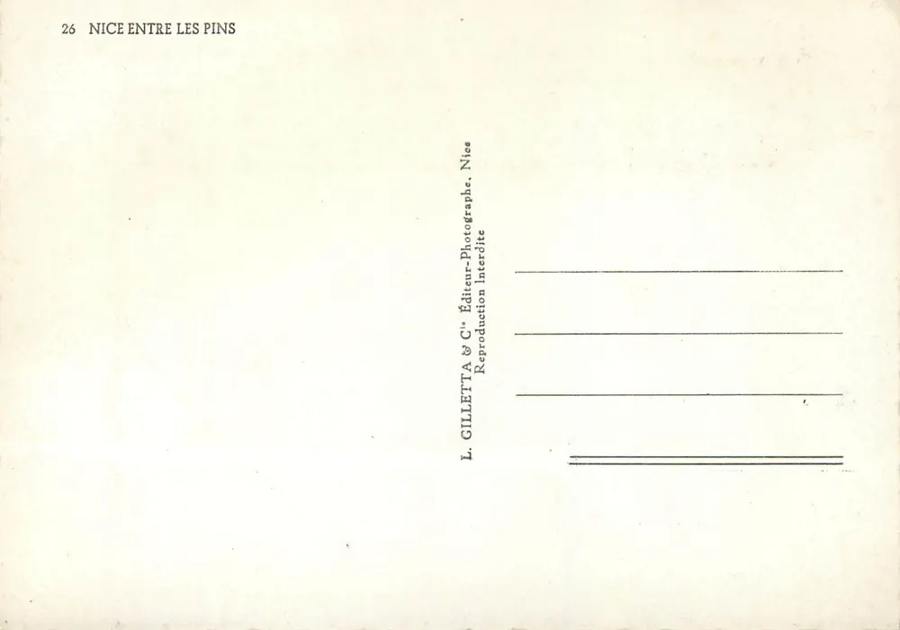 Nice entre les pins — vue do porto e do farol — L. Gilletta & Cie, Nice - Verso