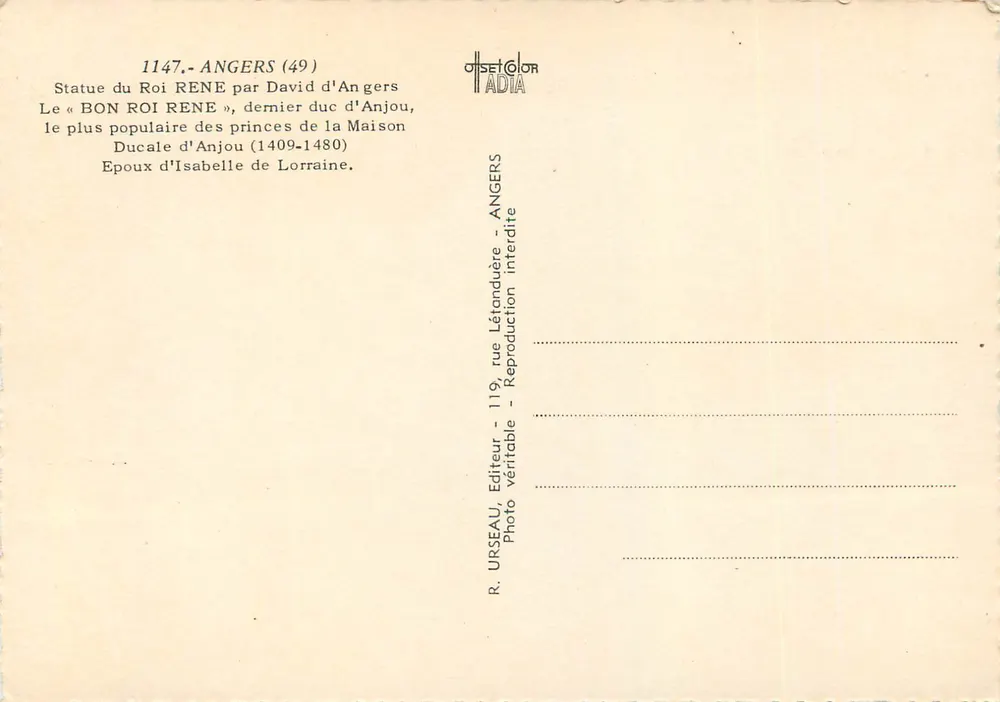 Estátua do Rei René — Angers (49) — Editor R. Urseau - Verso