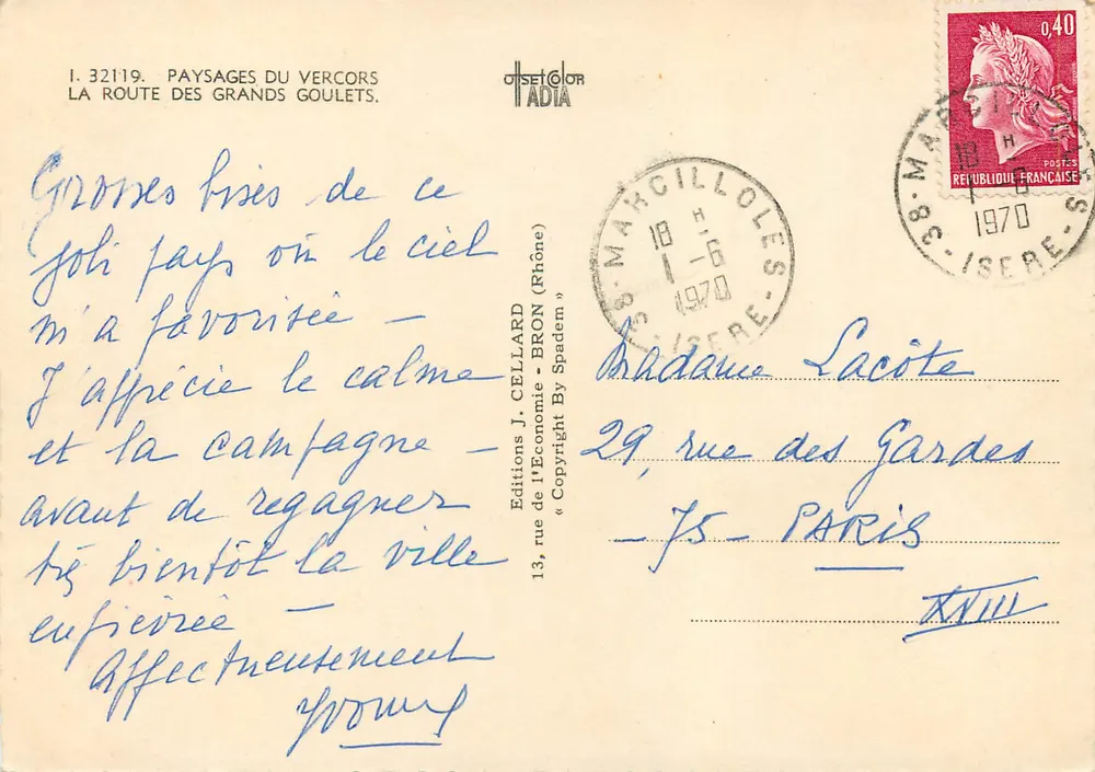 Route des Grands Goulets — Paysages du Vercors — Éditions J. Cellard - Bron (Rhône) - Verso