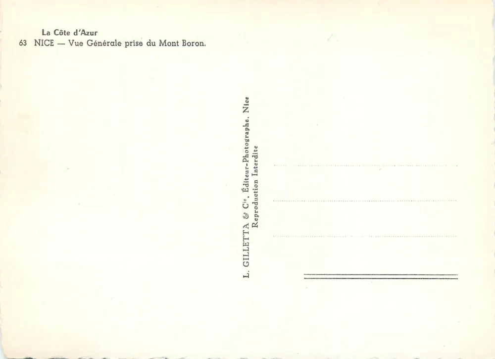 Vue générale de la Côte d'Azur — prise du Mont Boron — L. Gilletta & Cie, Nice - Verso