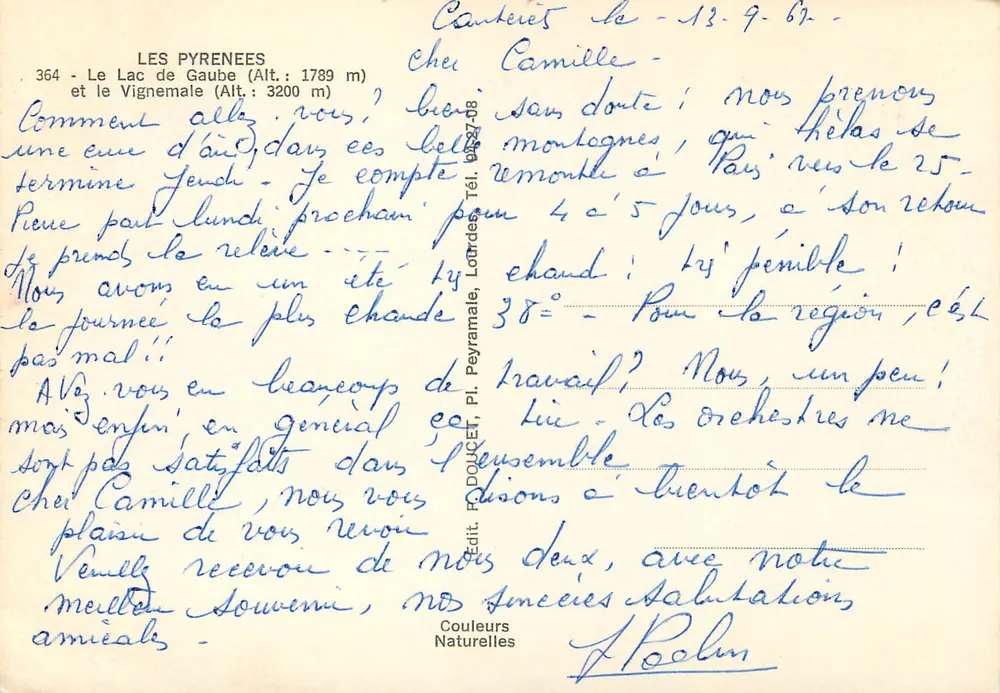 Lago de Gaube — El Vignemale — Editor P. Doucet, n° 364 - Reverso